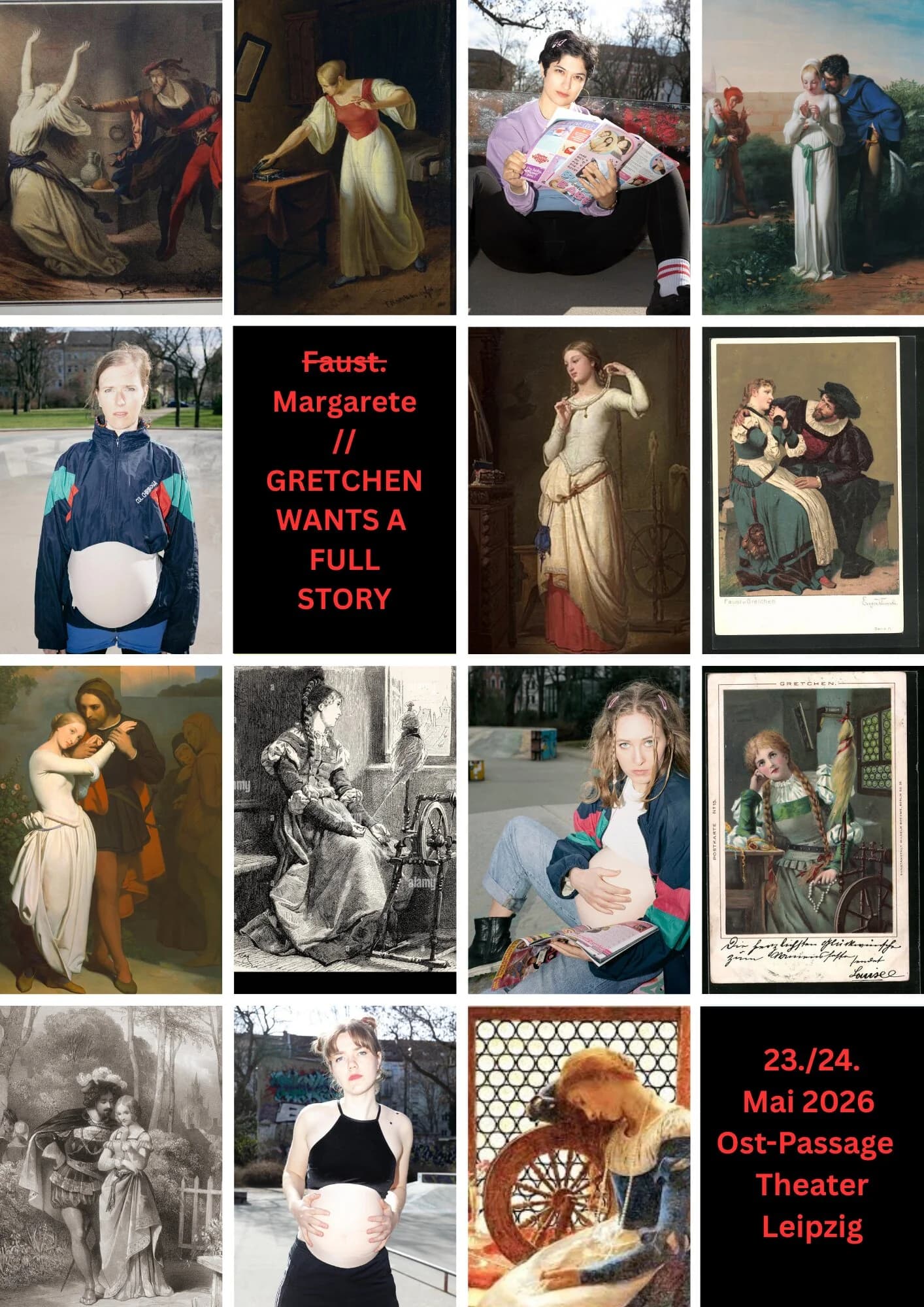 Veranstaltungs-Flyer Faust.Margarete // GRETCHEN WANTS A FULL STORY mit historischen und zeitgenössischen Gretchen-Bildern.